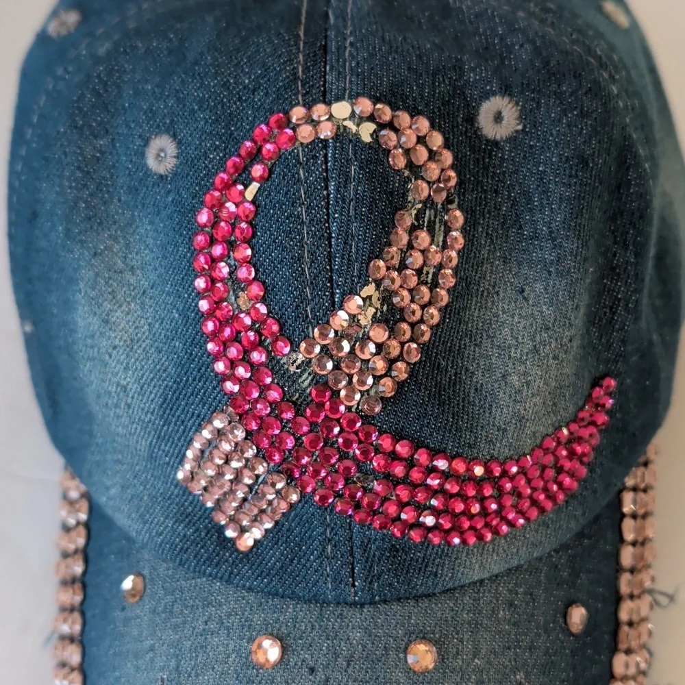 Distressed Pink Ribbon Breast Cancer Awareness Blue Denim Cap